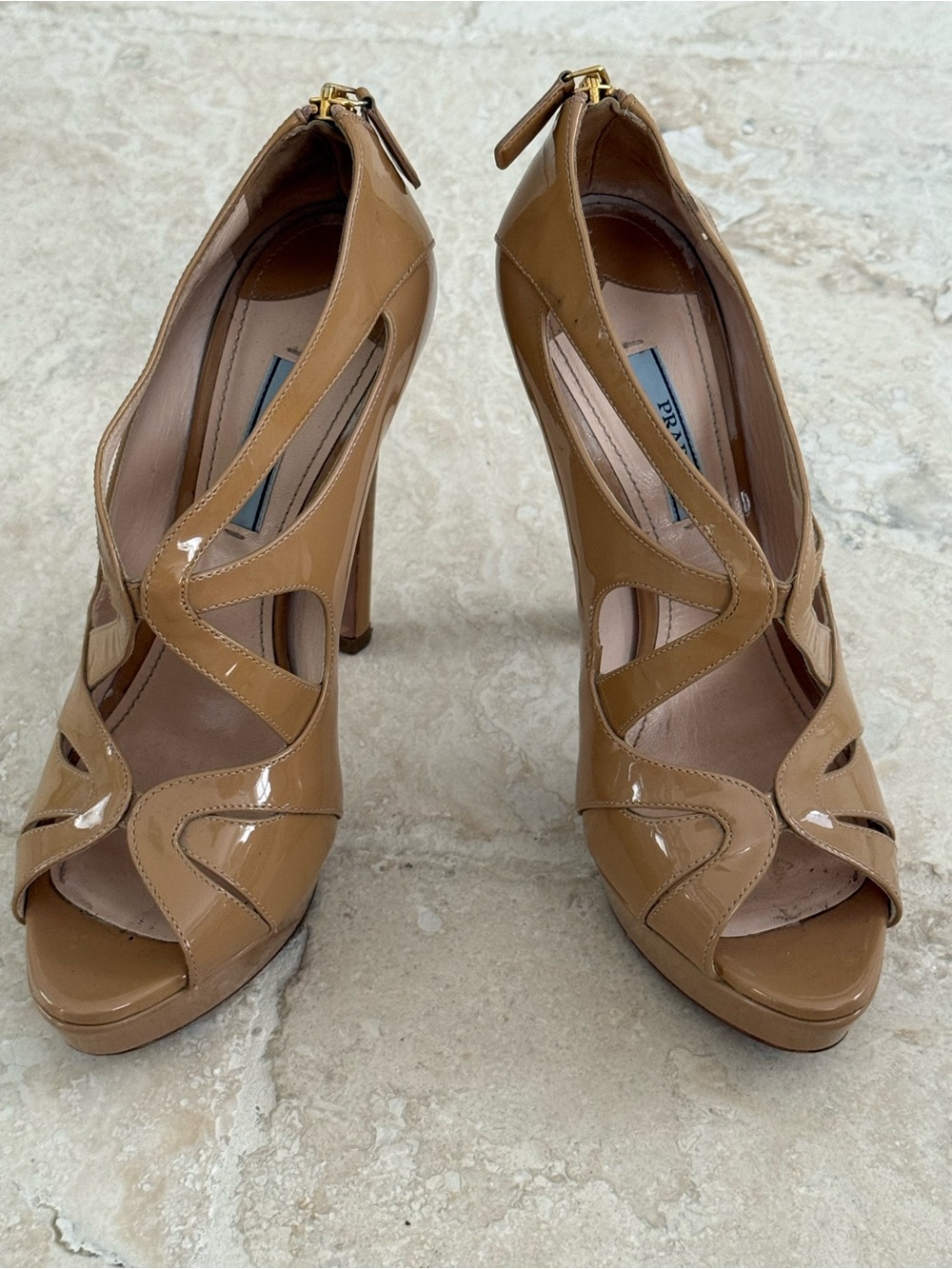 Vintage Y2K Prada 37.5 Nude Patent
Leather Cutout Peep Toe
Platform Heels